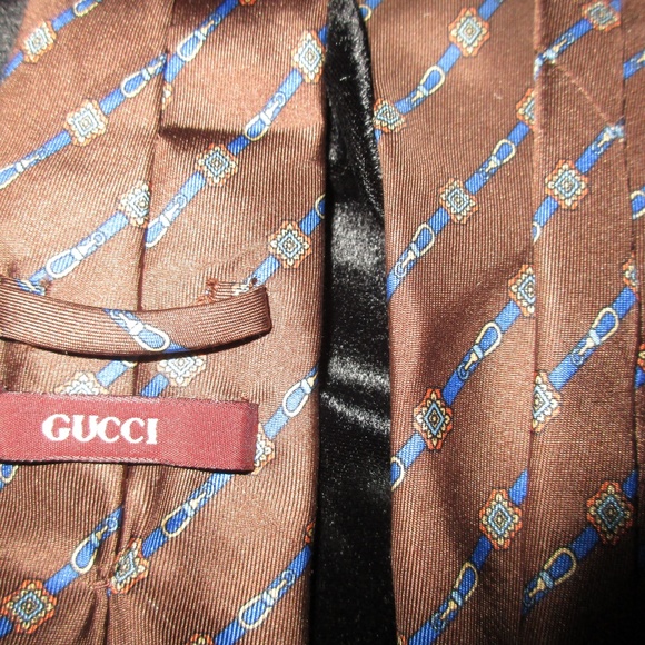 VTG GUCCI SILK SKINNY TIE BROWN BLUE BELTS DESIGN - Picture 6 of 8